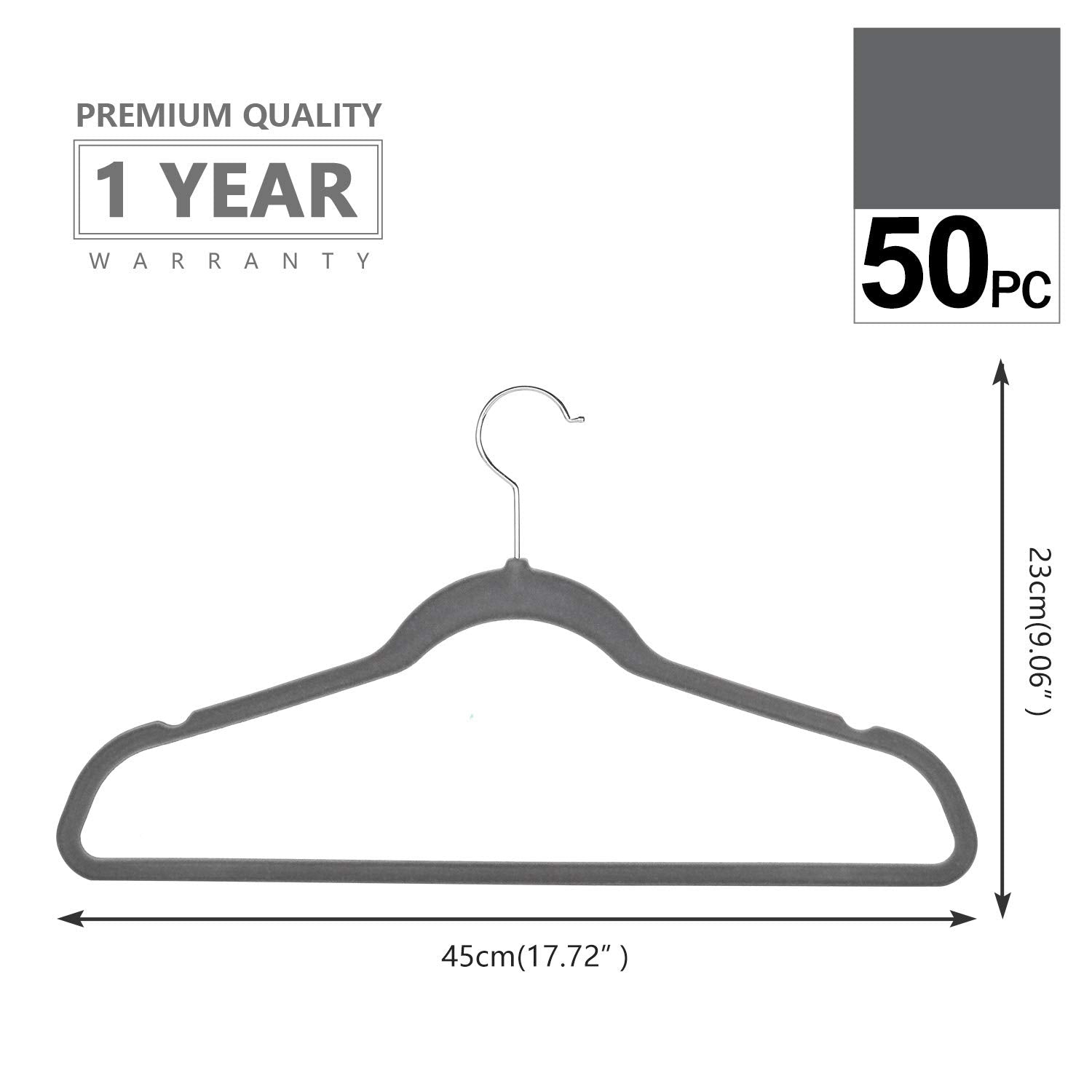 Mizgi Premium Velvet Hangers (50 Pack) Heavyduty - Non Slip Felt Hangers - Velvet Suit Hangers Gray - Chrome Hooks,Space Saving